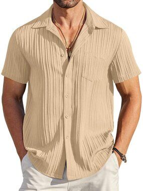 Men's Light Khaki Short Sleeve Textured Summer Collared Casual Button Down Shirt